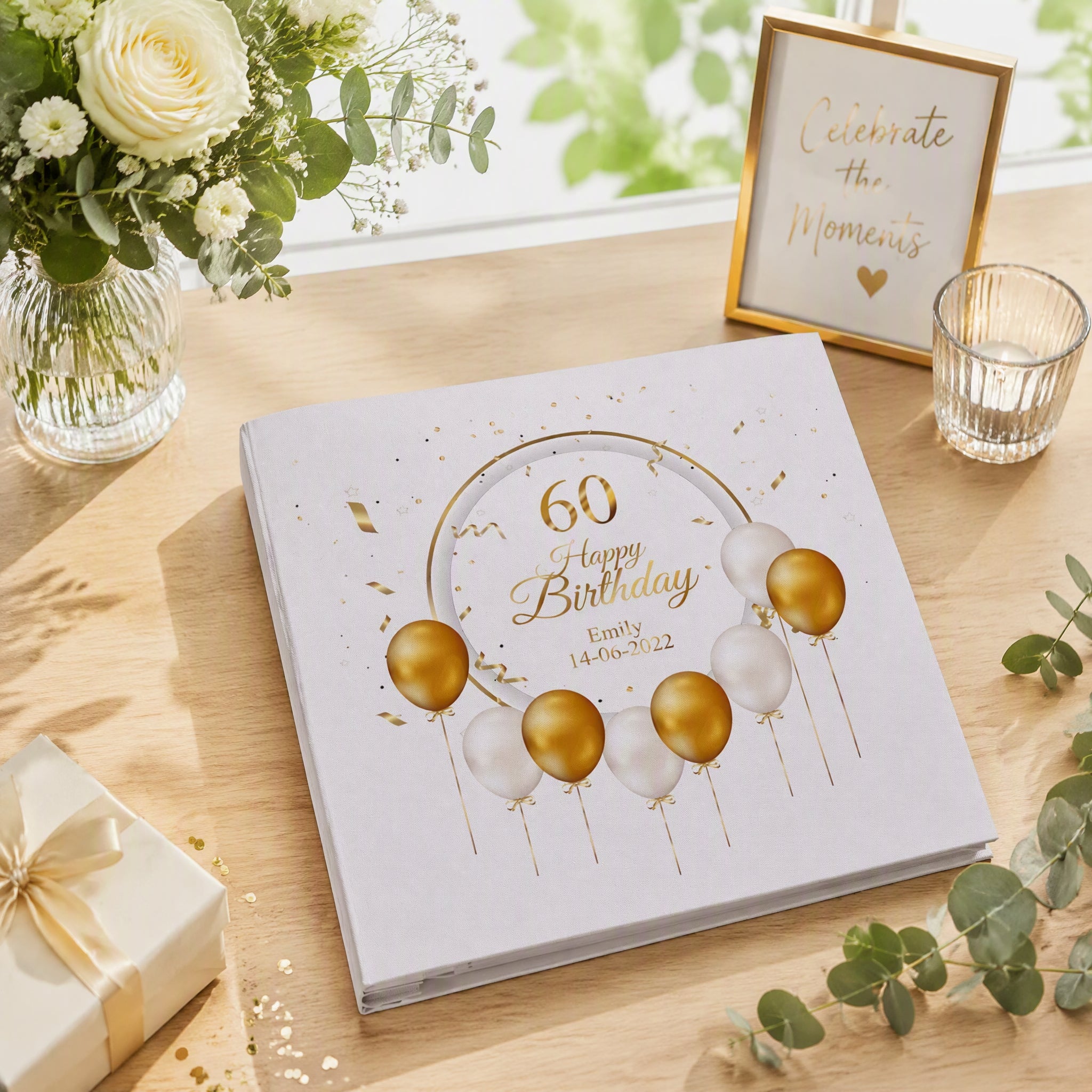 Personalised Large Linen 60th Birthday Photo Album With Balloons Photo Album ukgiftstoreonline