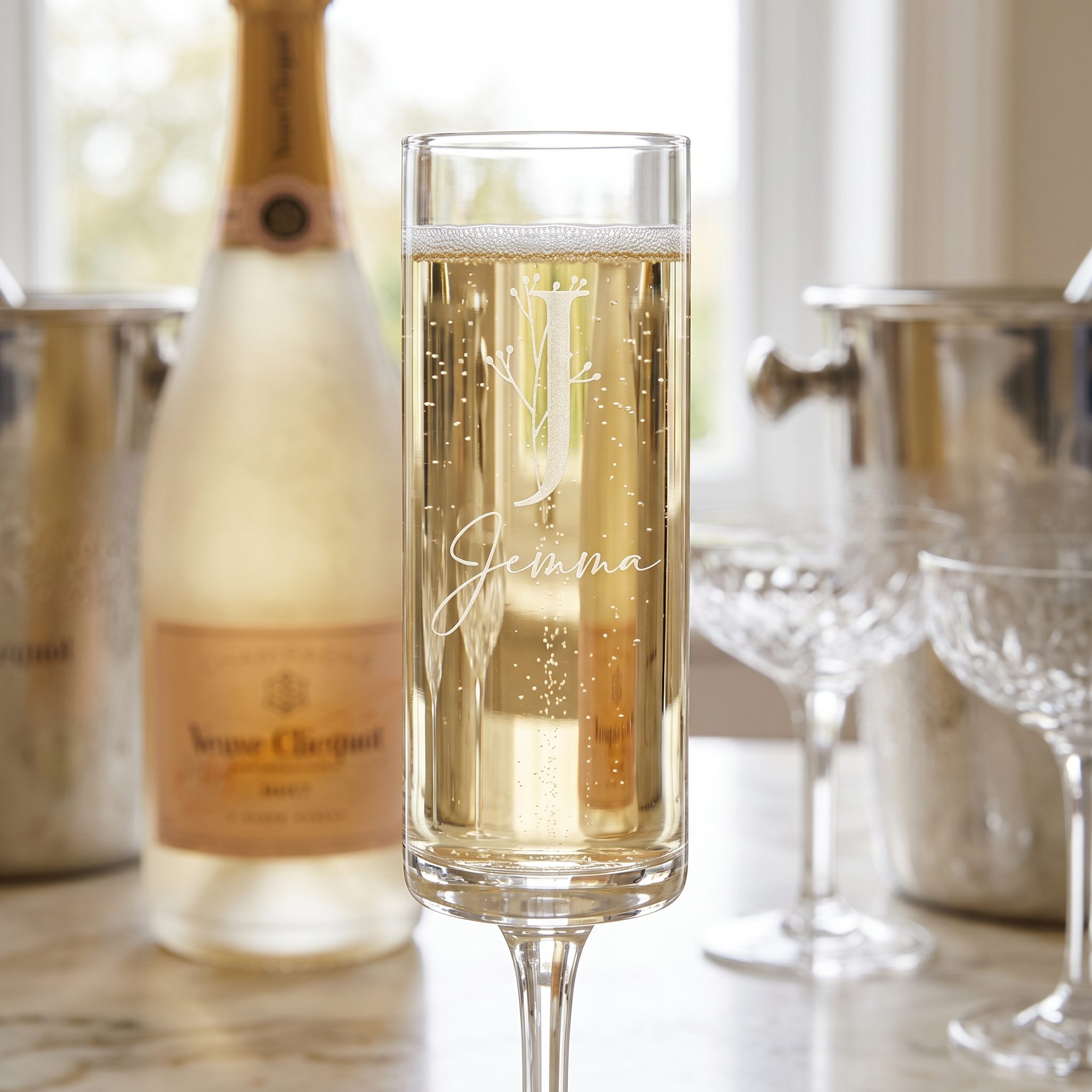 Modern & Elegant Personalised Tall Champagne Prosecco Glass Any Name and Floral Monogram Champagne Glasses ukgiftstoreonline