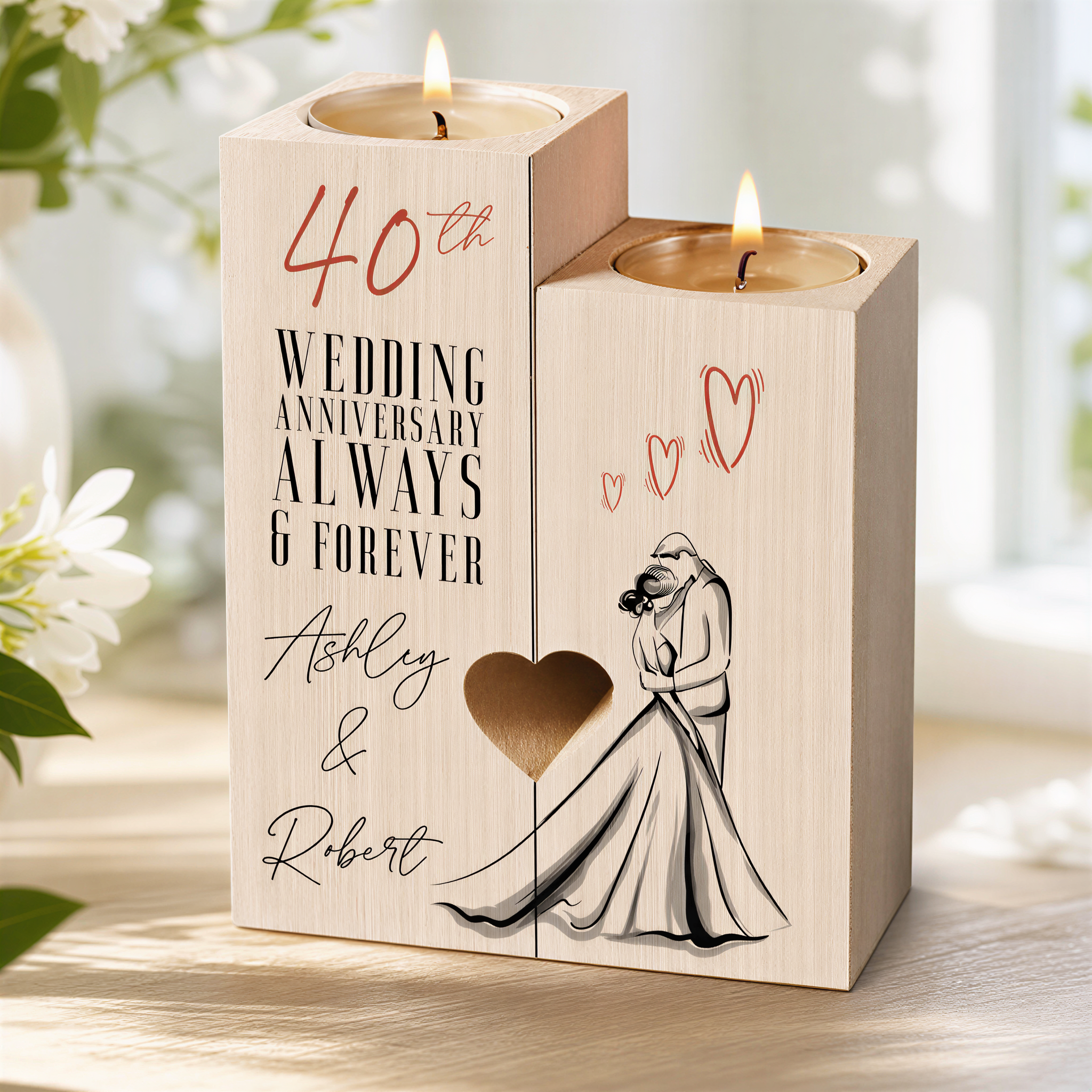 Personalised 40th Anniversary Double Tea Light Candle Holder With Couple Tea Light Holder ukgiftstoreonline