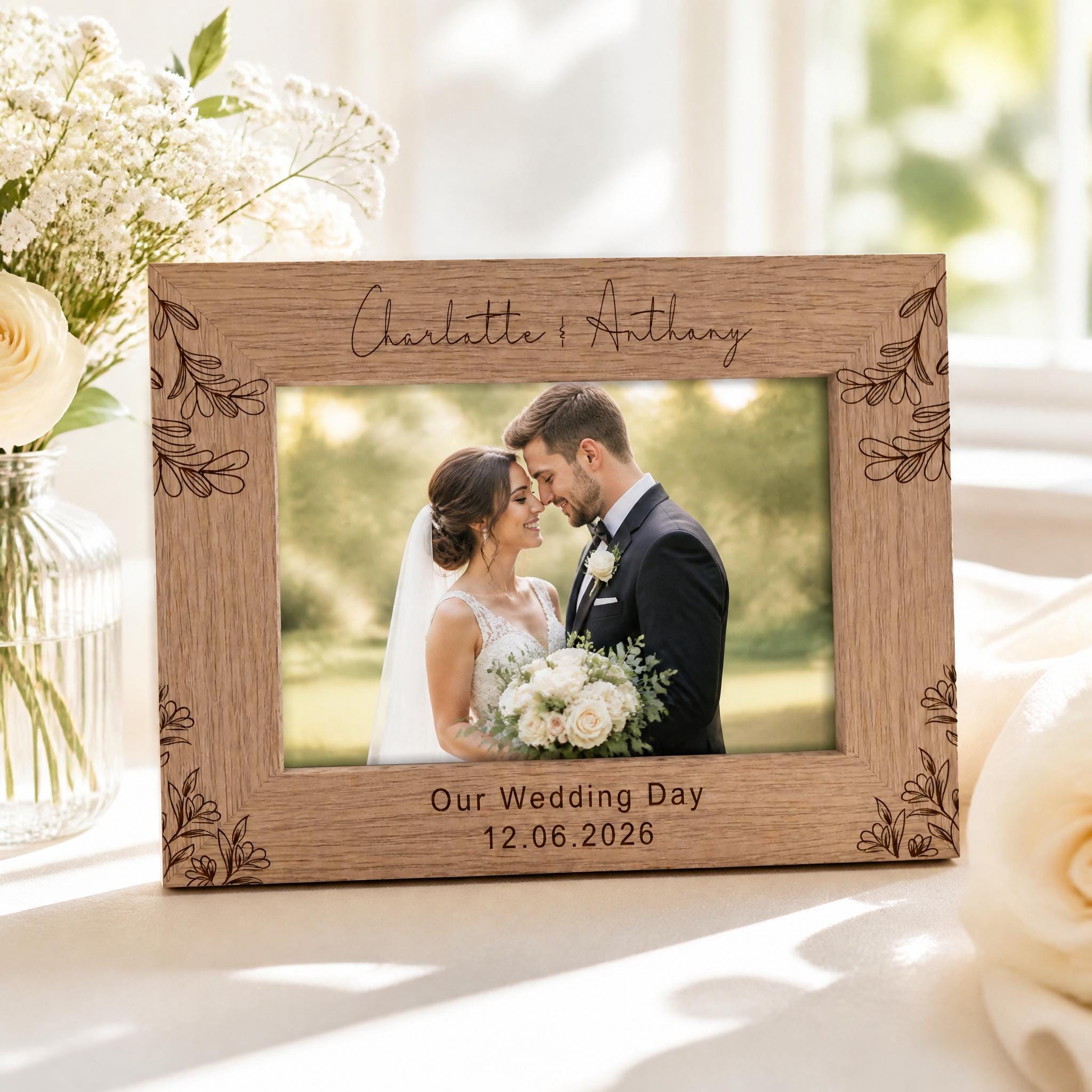 A wooden picture frame with a bride and groom photo inside, placed on a table with a vase of white flowers and a window in the background.
