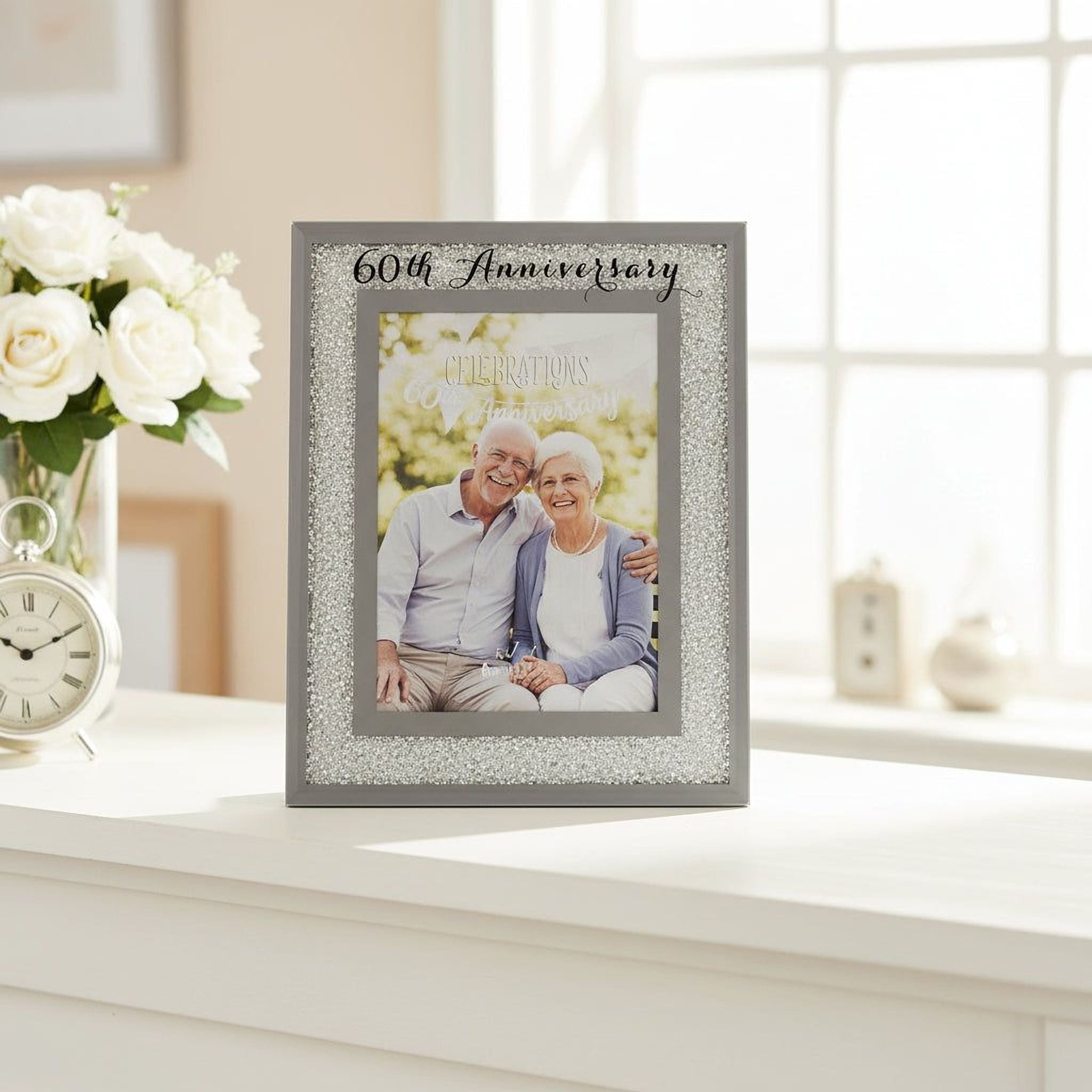 60th Diamond Anniversary Frame – Elegant Crystal Border 5x7 Photo Display Keepsake Anniversary Photo Frame ukgiftstoreonline