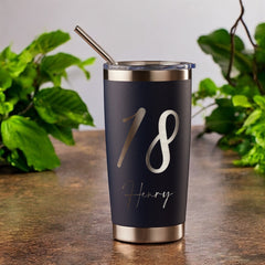 Personalised Engraved Thermal Travel Mug Any Age Birthday Gift With Metal Straw