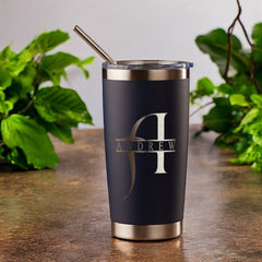 Personalised Engraved Thermal Travel Mug Any Name and Initial Gift With Metal Straw