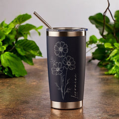 Personalised Engraved Thermal Travel Mug Any Name and Flower Gift With Metal Straw