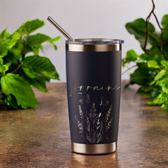 Personalised Engraved Thermal Travel Mug Any Name and Wildflower Gift With Metal Straw