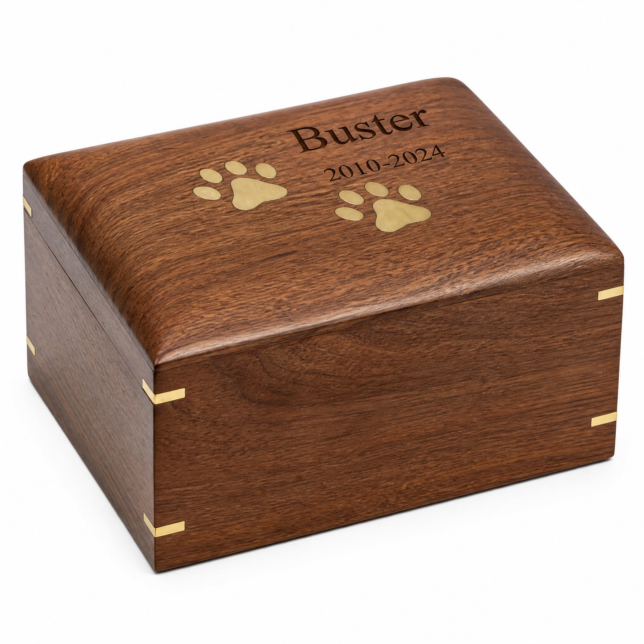 Large Personalised Handmade Wooden Pet Urn Box For Dogs With Brass Paw Inlays ukgiftstoreonline