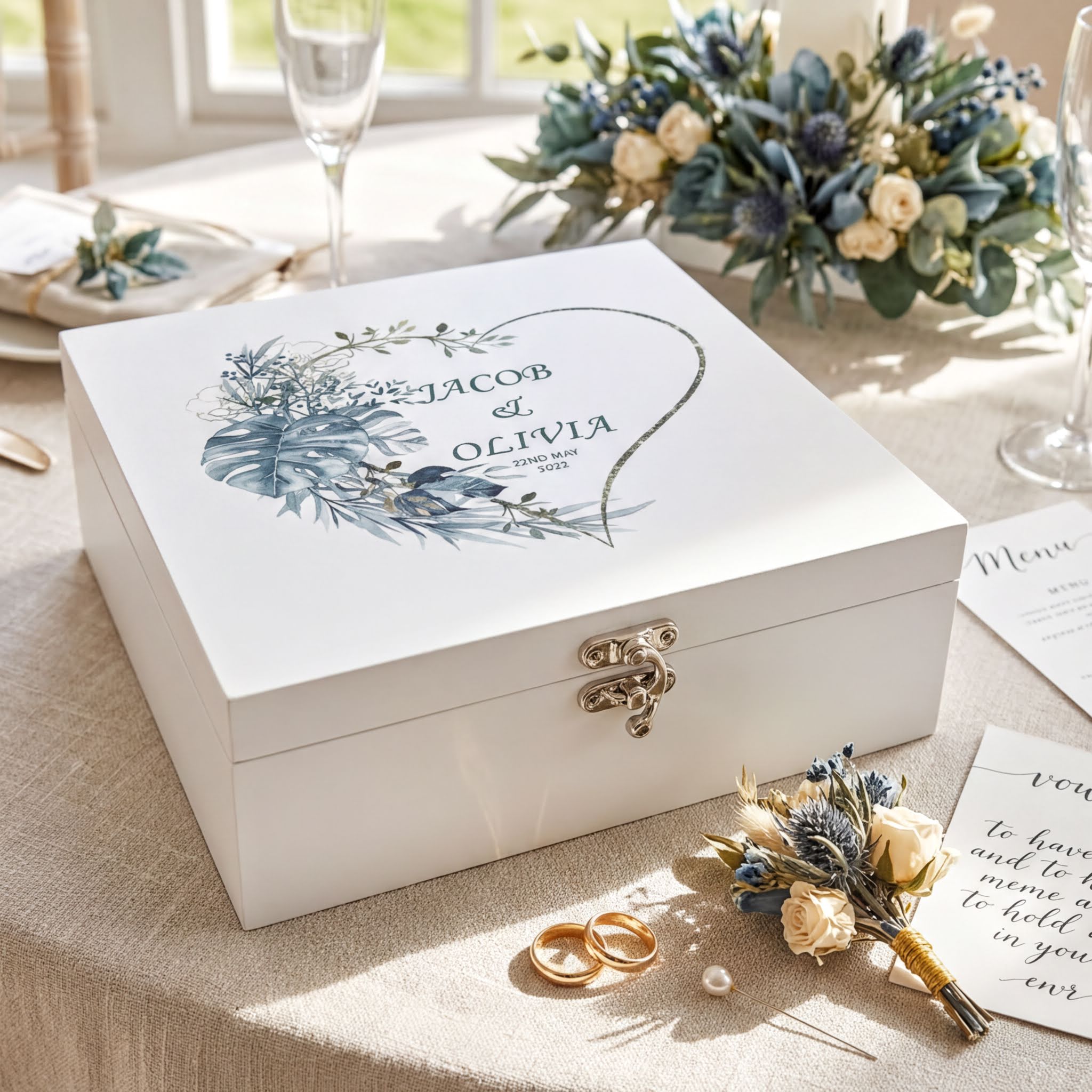 Personalised Luxury Wooden Wedding Box Keepsakes With Blue Tropical Heart Keepsake Wooden Box ukgiftstoreonline
