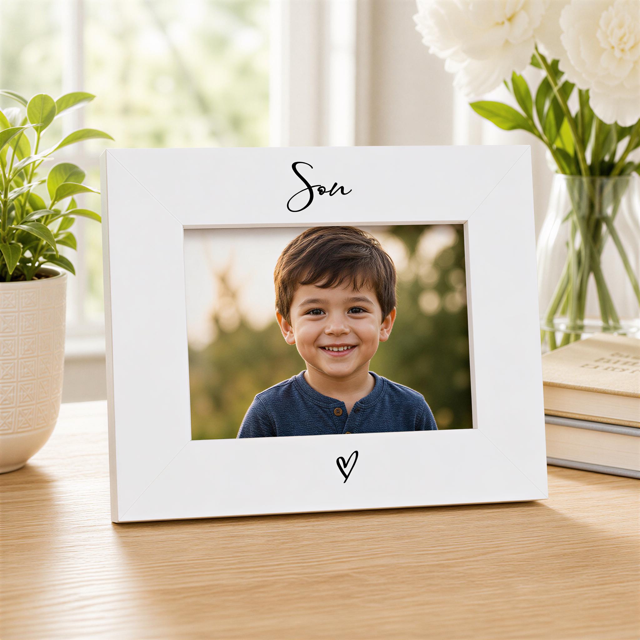White Son Photo Frame - 6x4 Landscape Frame with Heart Detail | Wooden Gift ukgiftstoreonline