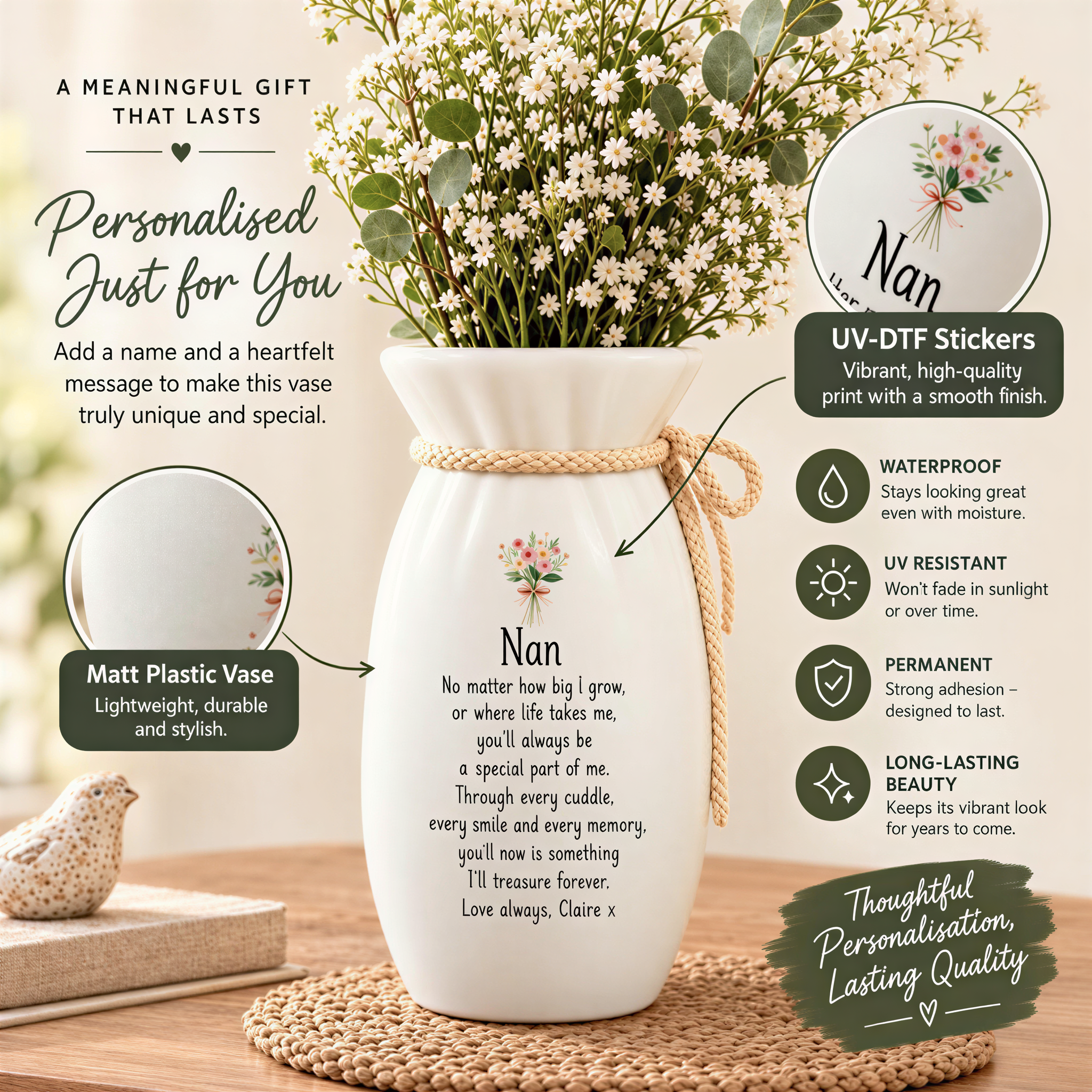 The image is a collage of three images, each featuring a white vase with a personalized message. The vases are described as "Matt Plastic Vase" and "UV-DF Stickers" with various features such as "Permanent" and "Long-lasting Beauty". The vases are placed on a woven mat, and there is a small bird figurine in the background. The image does not contain any text, and the collage is not a single image but a collection of three images.