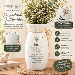 The image is a collage of three images, each featuring a white vase with a personalized message. The vases are described as "Matt Plastic Vase" and "UV-DF Stickers" with various features such as "Permanent" and "Long-lasting Beauty". The vases are placed on a woven mat, and there is a small bird figurine in the background. The image does not contain any text, and the collage is not a single image but a collection of three images.
