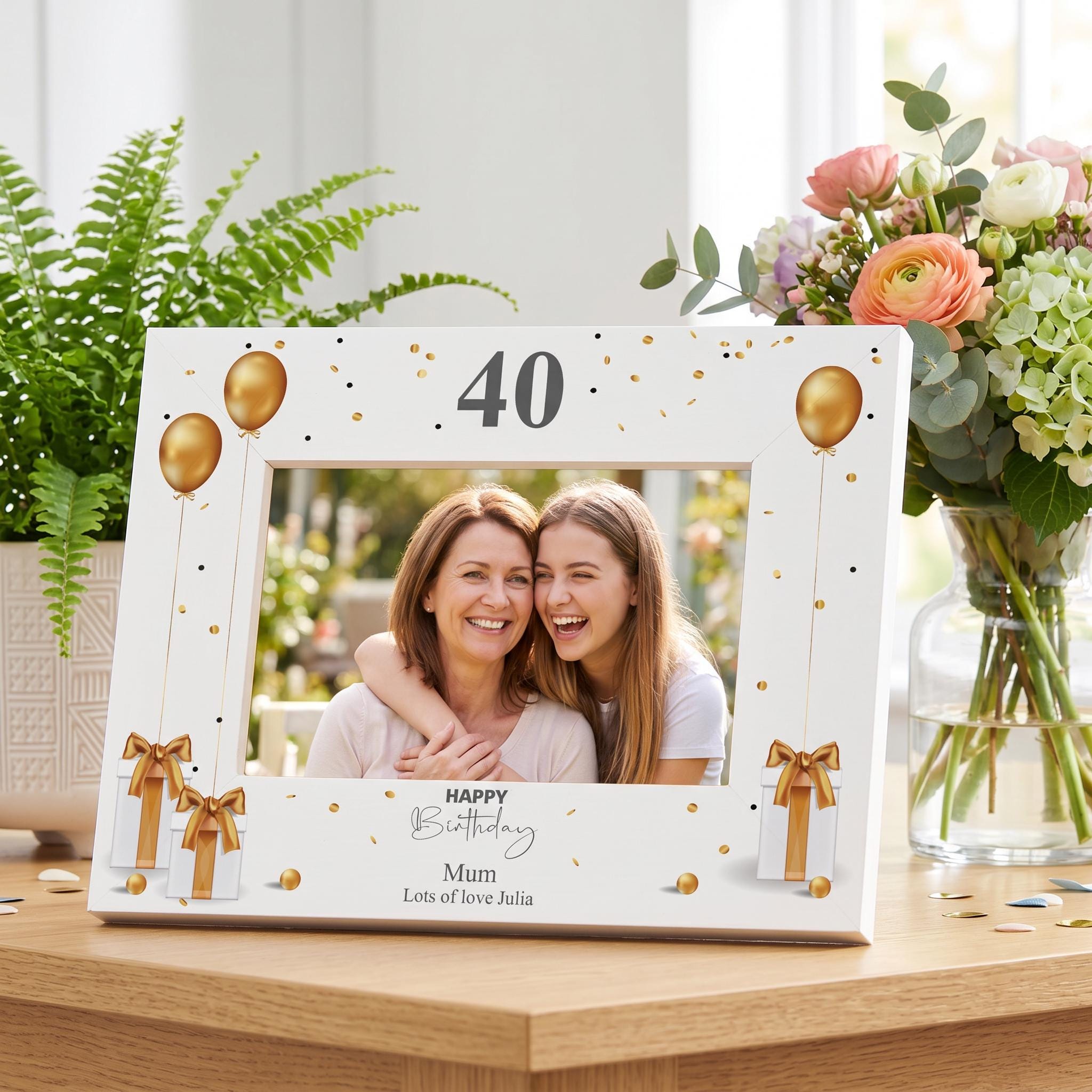 A white picture frame with gold balloons and bows, displaying a photograph of two women smiling and embracing. The frame has the number "40" on it, and there is text that says "Happy Birthday Mum Lots of love Julia".