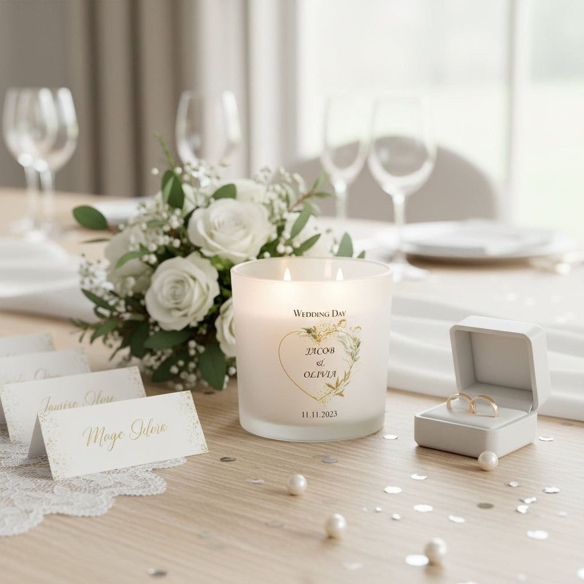 Personalised Large Double Wick Wedding Candle Gift With Gold Leaf personalised Candle Lights ukgiftstoreonline