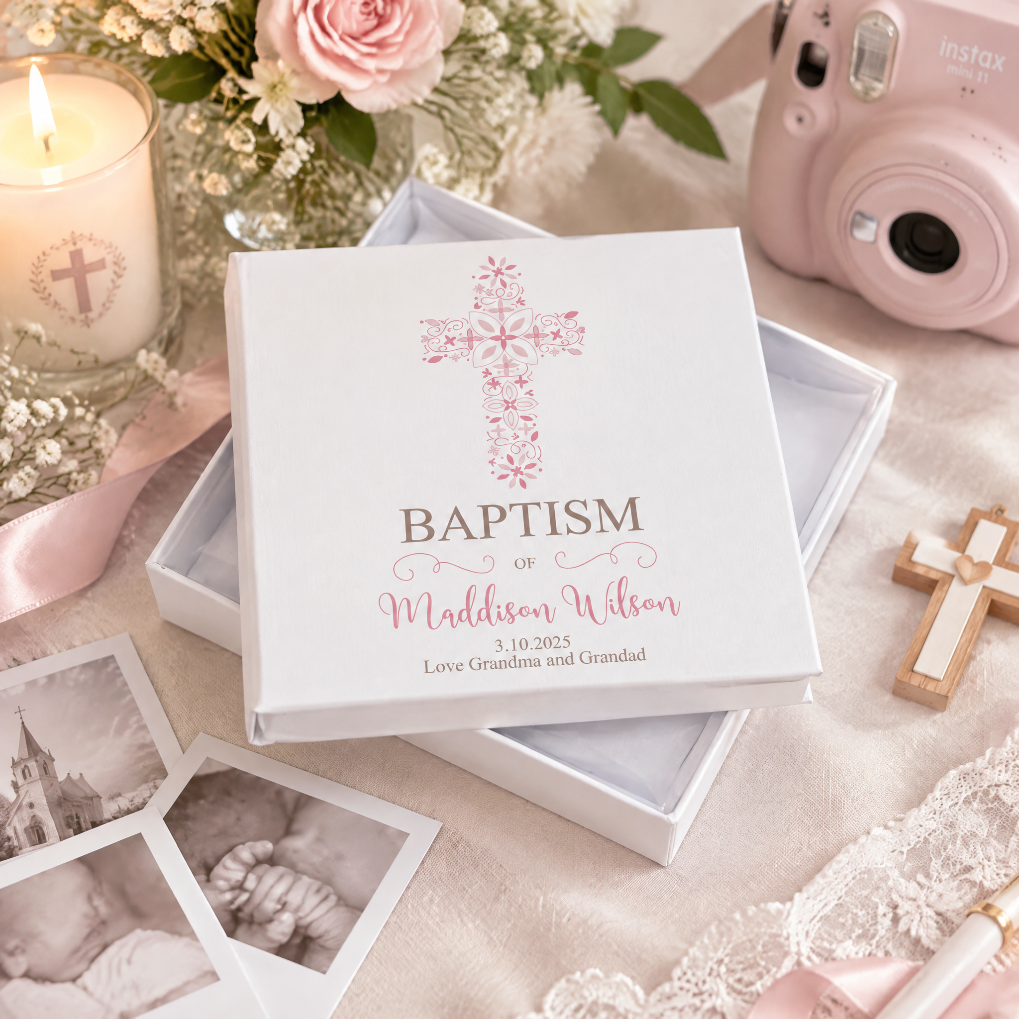 Personalised Baptism Photo Album, Ornate Pink Cross Keepsake Gift Baptism Photo Album ukgiftstoreonline