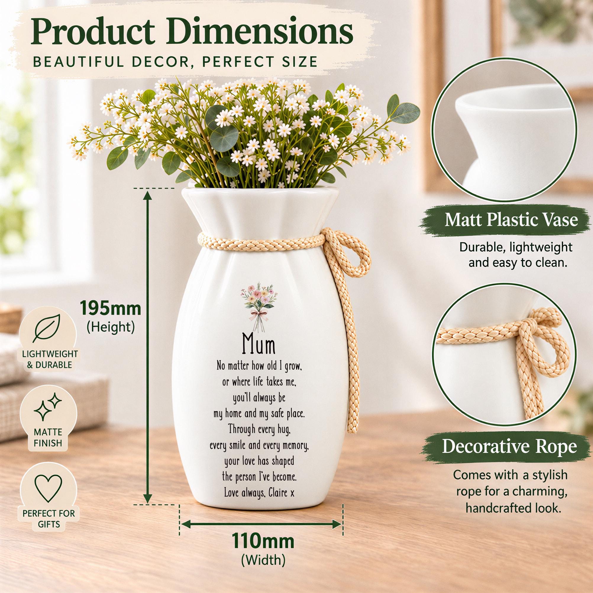 Personalised Flower Vase Gift For Mum, Custom Name, Twine Detail ukgiftstoreonline