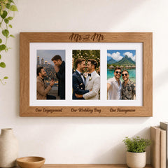 A wooden picture frame with three photographs of people, including a couple, a man in a suit, and a couple posing for a photo. The frame has the text "Mr and Mrs" written on it.