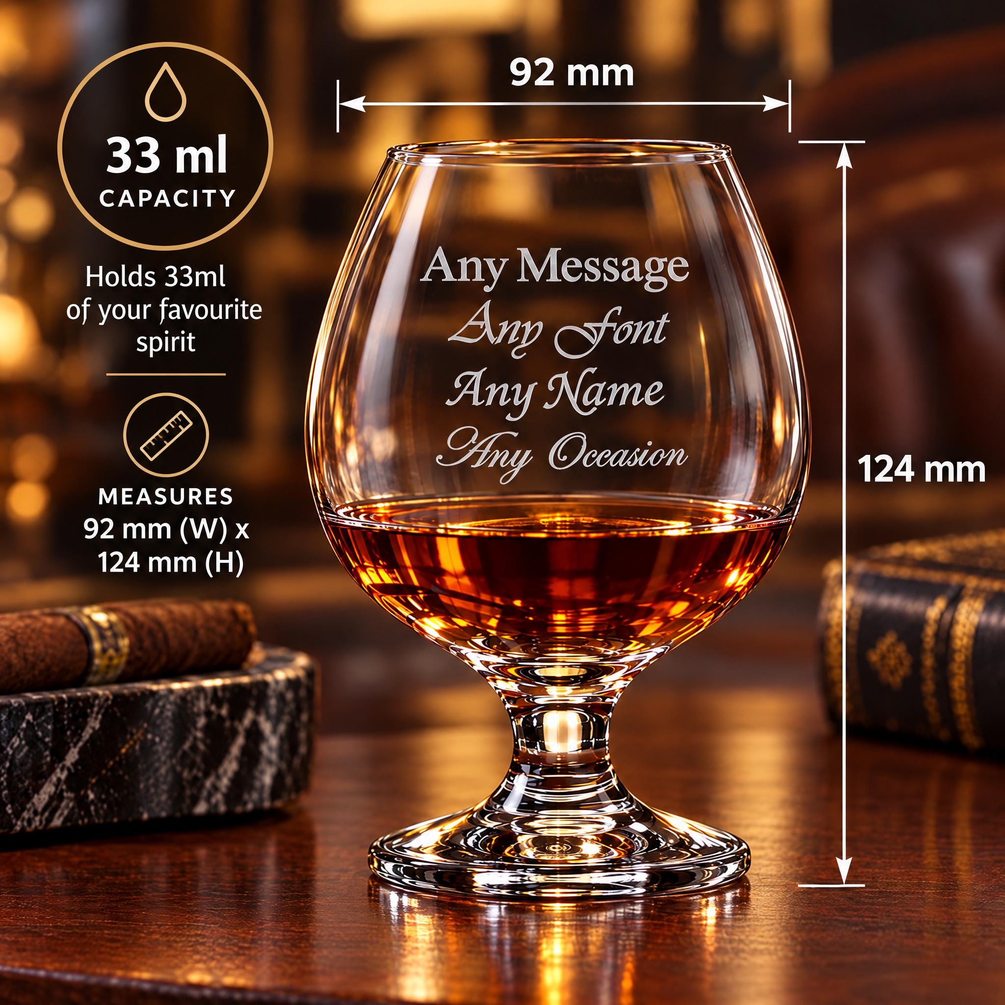 A personalized glass of whiskey with the text "Any Message Any Font Any Name Any Occasion" engraved on it, along with measurements and a capacity of 33 milliliters.