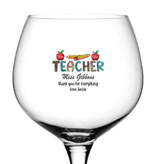 Personalised Teacher Cocktail Gin Drink Glass Gift With Apples and Pencils