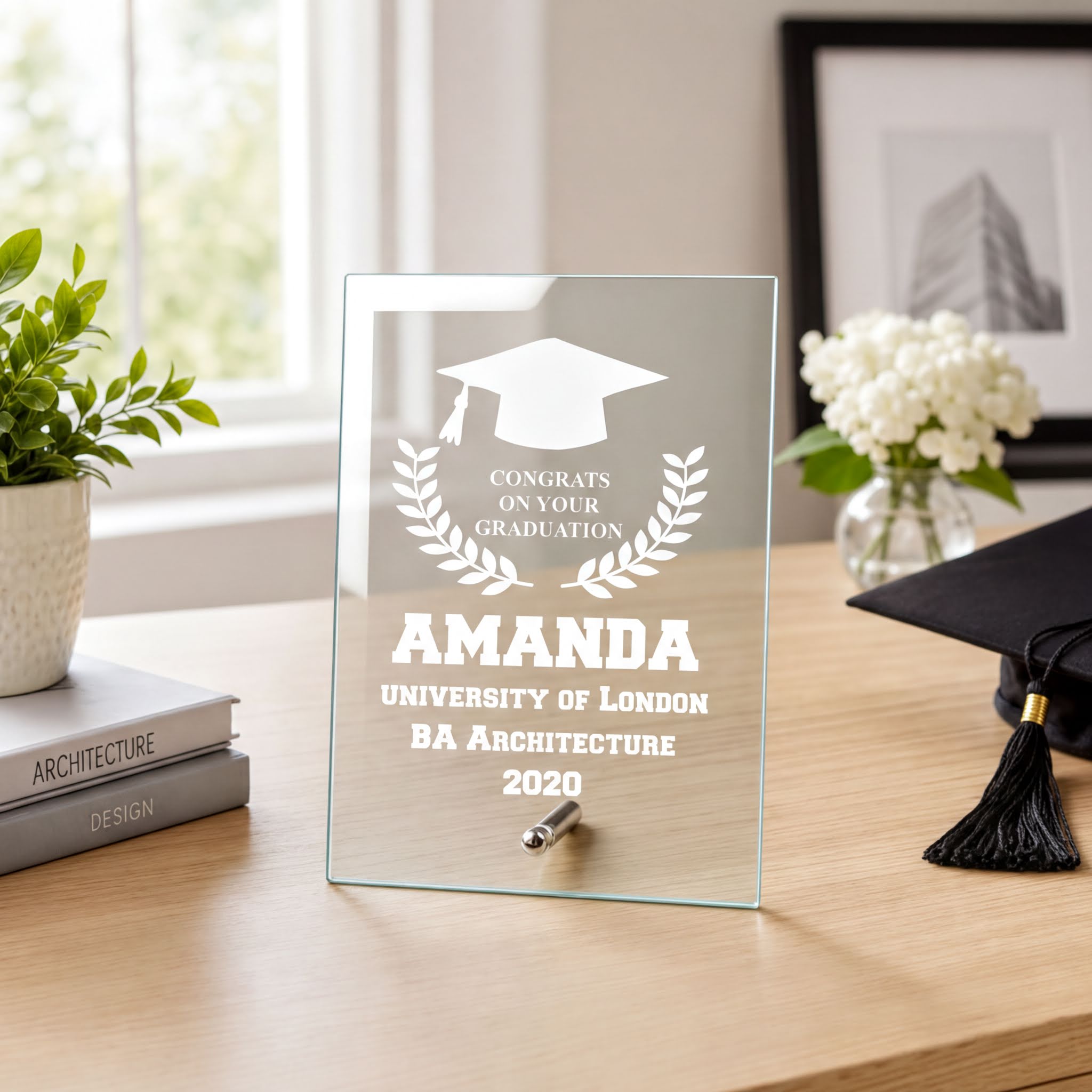Personalised Graduation congratulations Laurel Design Glass Plaque Personalised Gifts ukgiftstoreonline