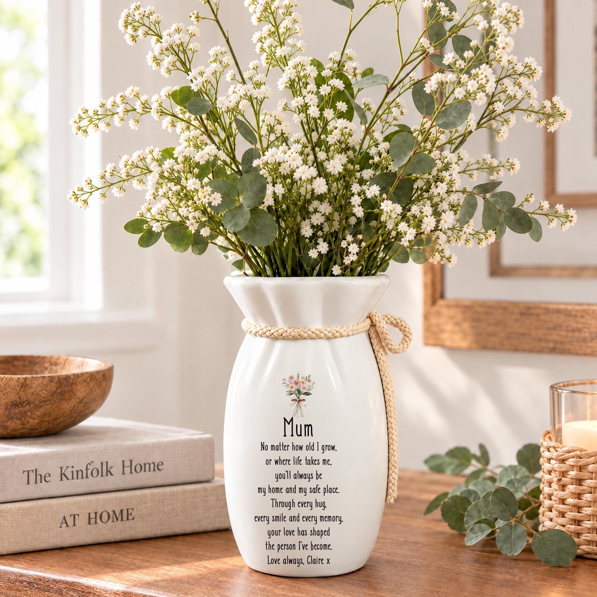 Personalised Flower Vase Gift For Mum, Custom Name, Twine Detail ukgiftstoreonline