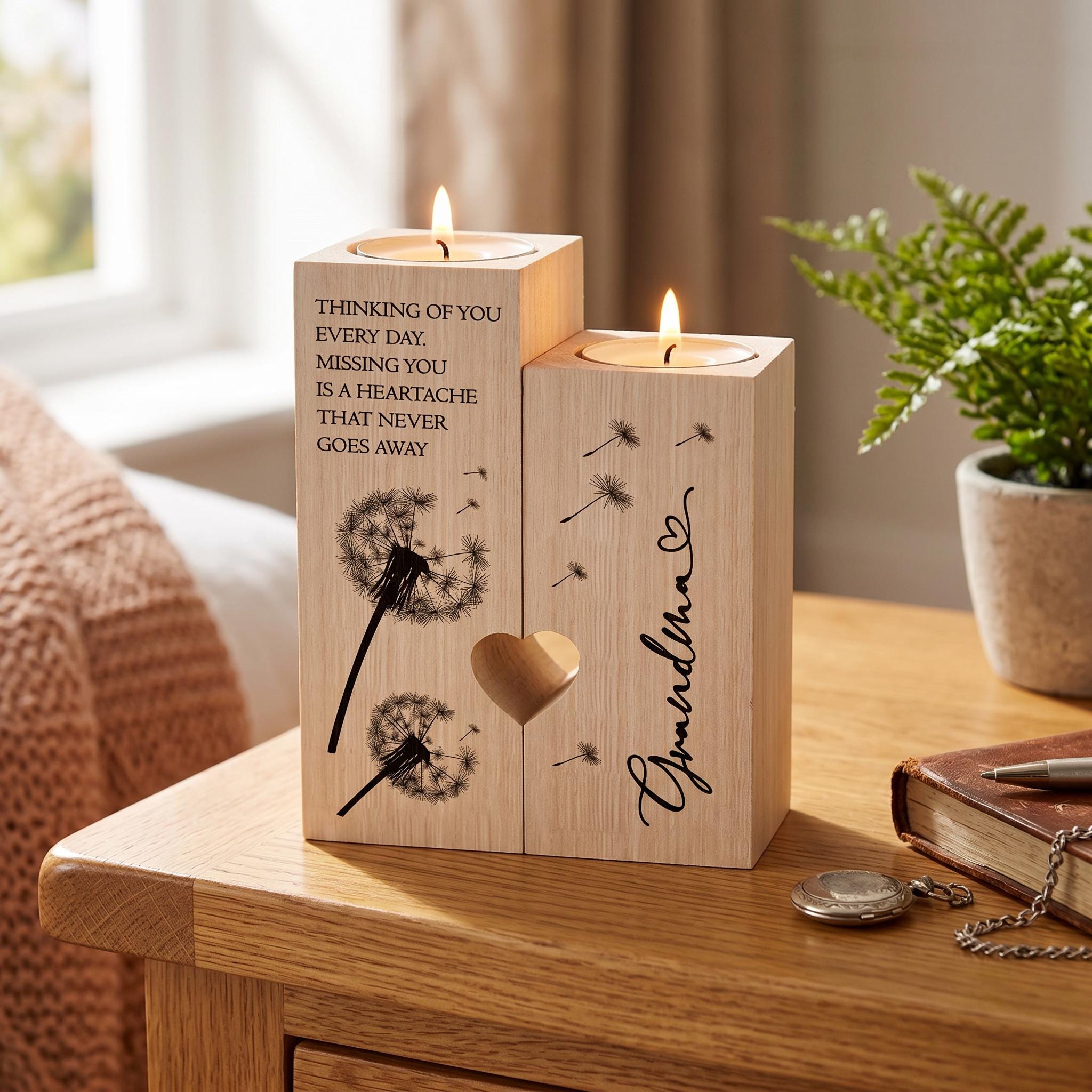 A wooden candle holder with a dandelion design and the text "Thinking of you every day, missing you is a heartache that never goes away" on it, placed on a wooden table next to a book and a plant.