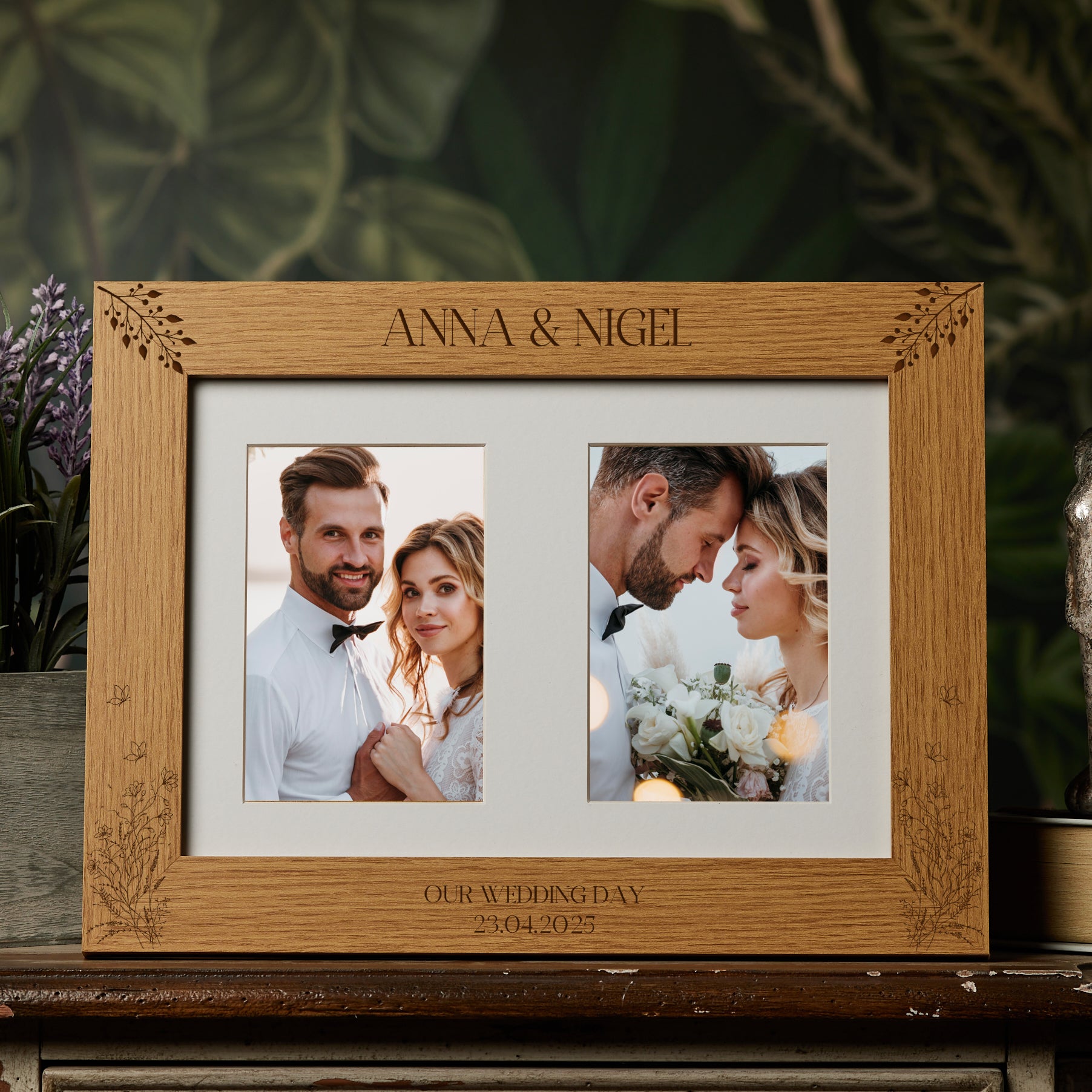 Double Wedding Engraved Photo Picture Frame 6x4 Inch Portrait With Wildflowers Photo Frame ukgiftstoreonline