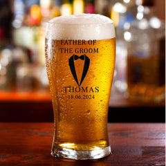 Personalised Traditional Wedding Beer Glass With Tuxedo