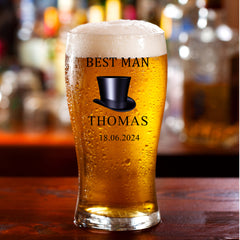 Personalised Traditional Wedding Beer Glass With Top Hat