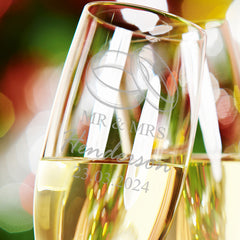 Personalised Engraved Wedding Champagne Glasses Set With Ring Emblem Personalised Champagne Glasses ukgiftstoreonline