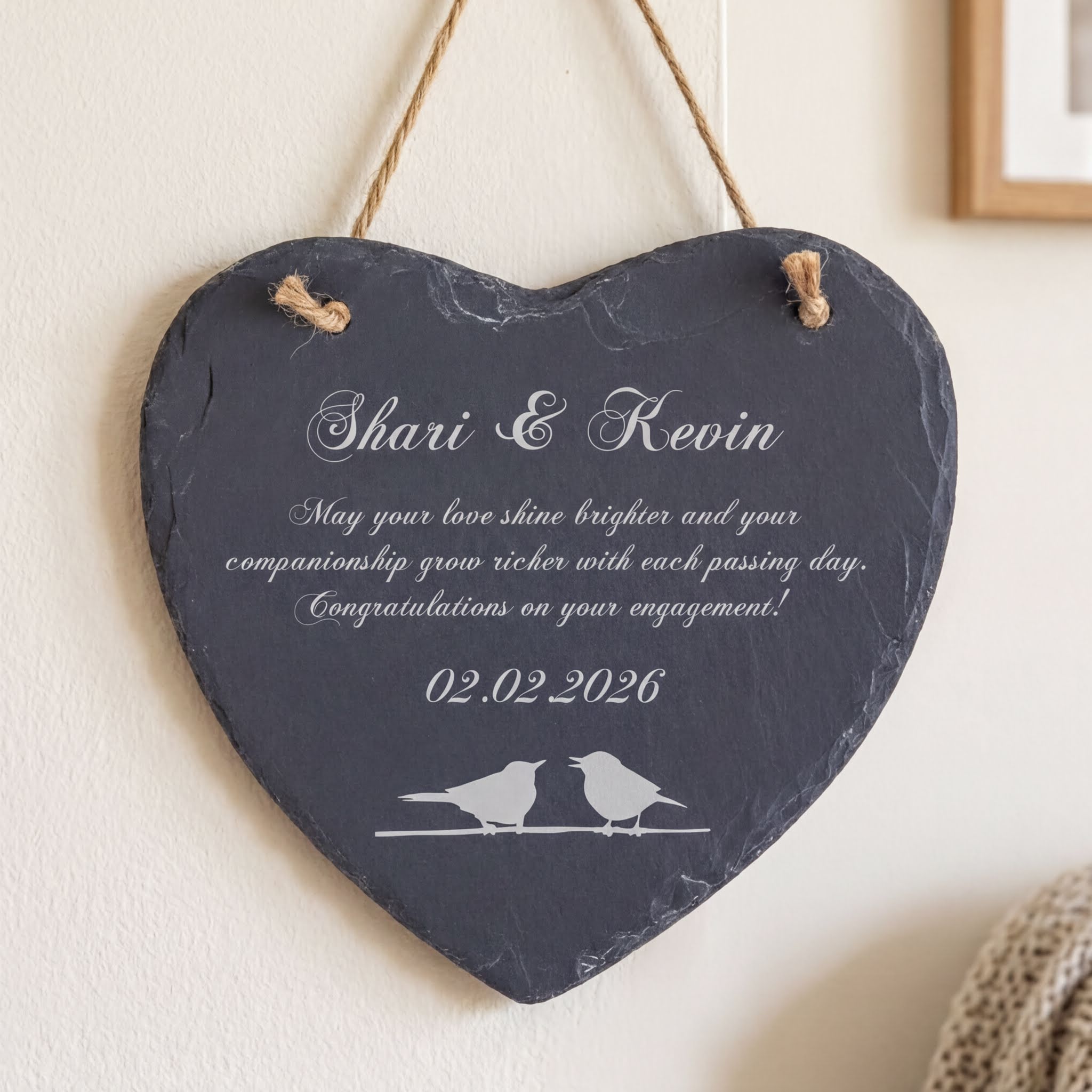 Personalised Engagement Gift - Custom Engraved Slate Plaque With Bird Symbol Personalised Heart Gifts ukgiftstoreonline