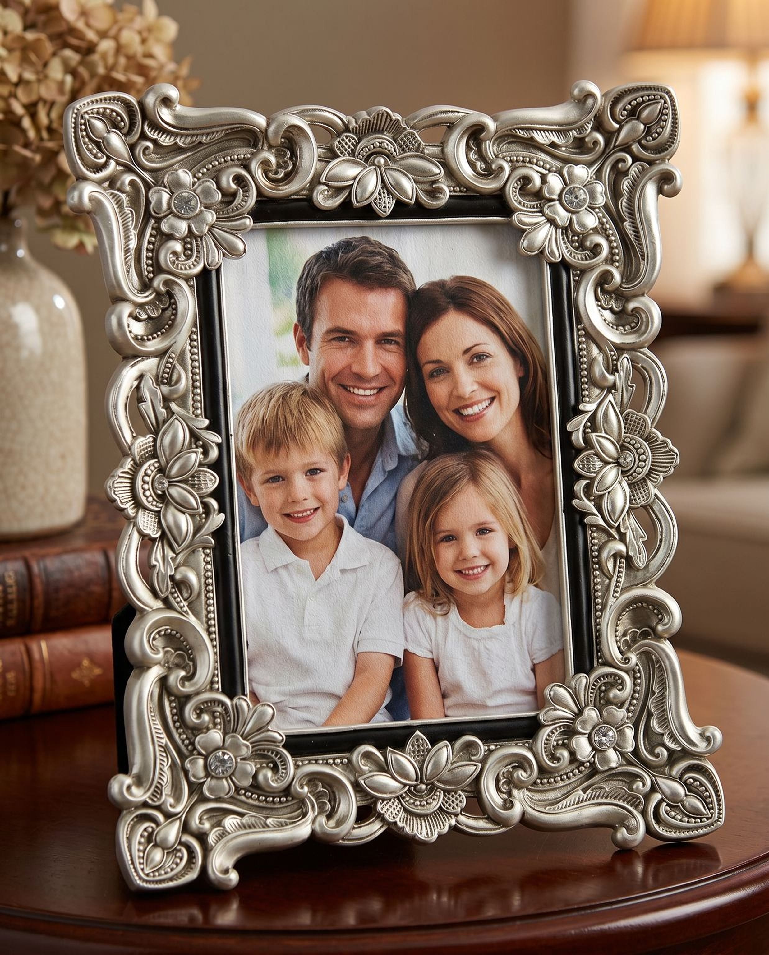 Vintage Style Antique Silver Floral Resin Frame With Crystals 4x6 photo frame ukgiftstoreonline