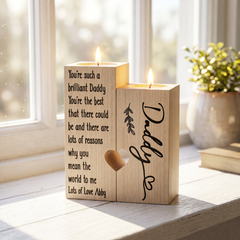 Personalised Tea Light Holder - Double Wooden Candle Gift for Daddy with Heart Cut Out Tea Light Holder ukgiftstoreonline