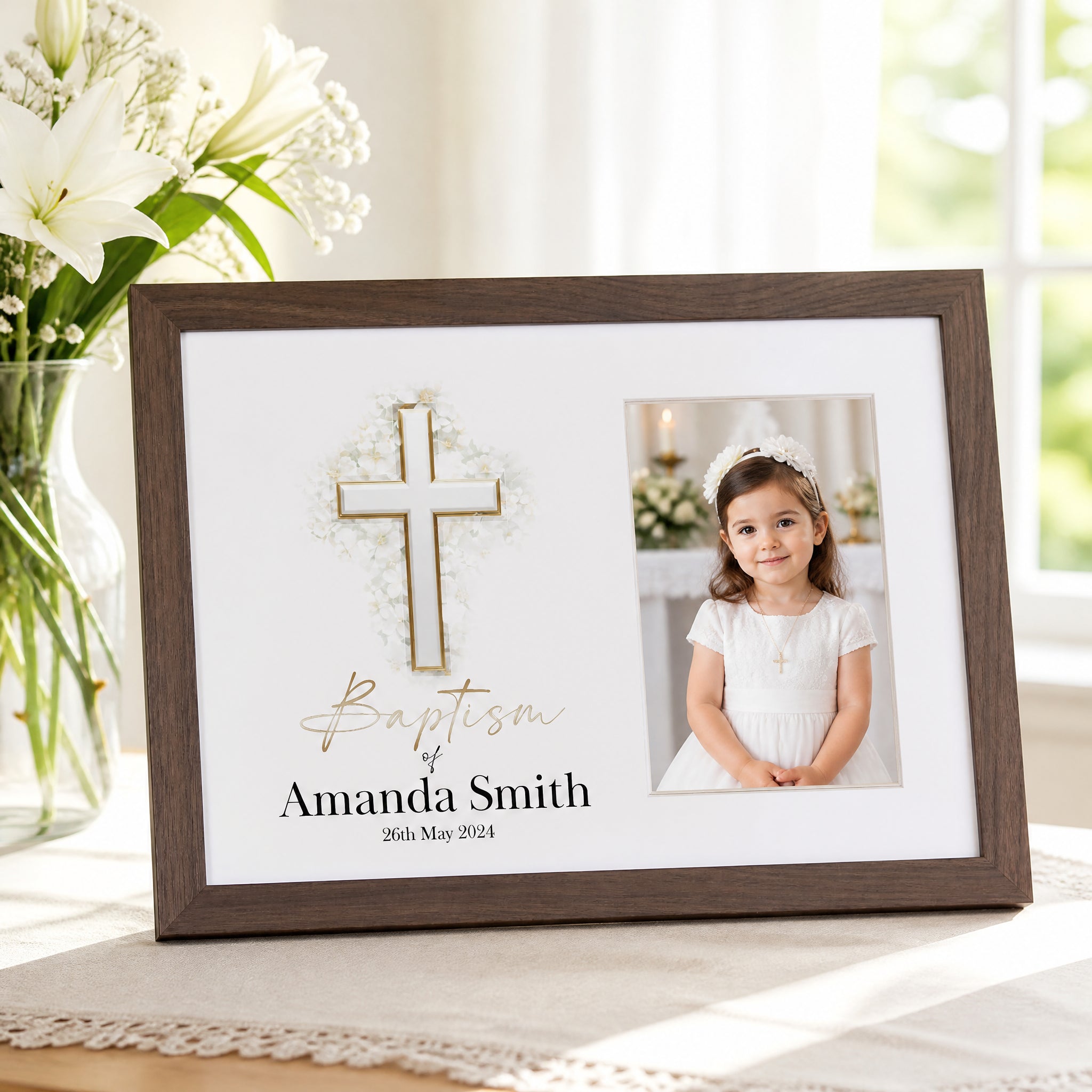 Personalised Baptism Photo Frame, Silver Cross, 6x4 Wooden Keepsake personalised photo frames ukgiftstoreonline Walnut