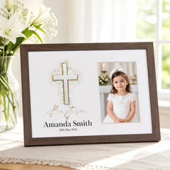 Personalised Baptism Photo Frame, Silver Cross, 6x4 Wooden Keepsake personalised photo frames ukgiftstoreonline Walnut