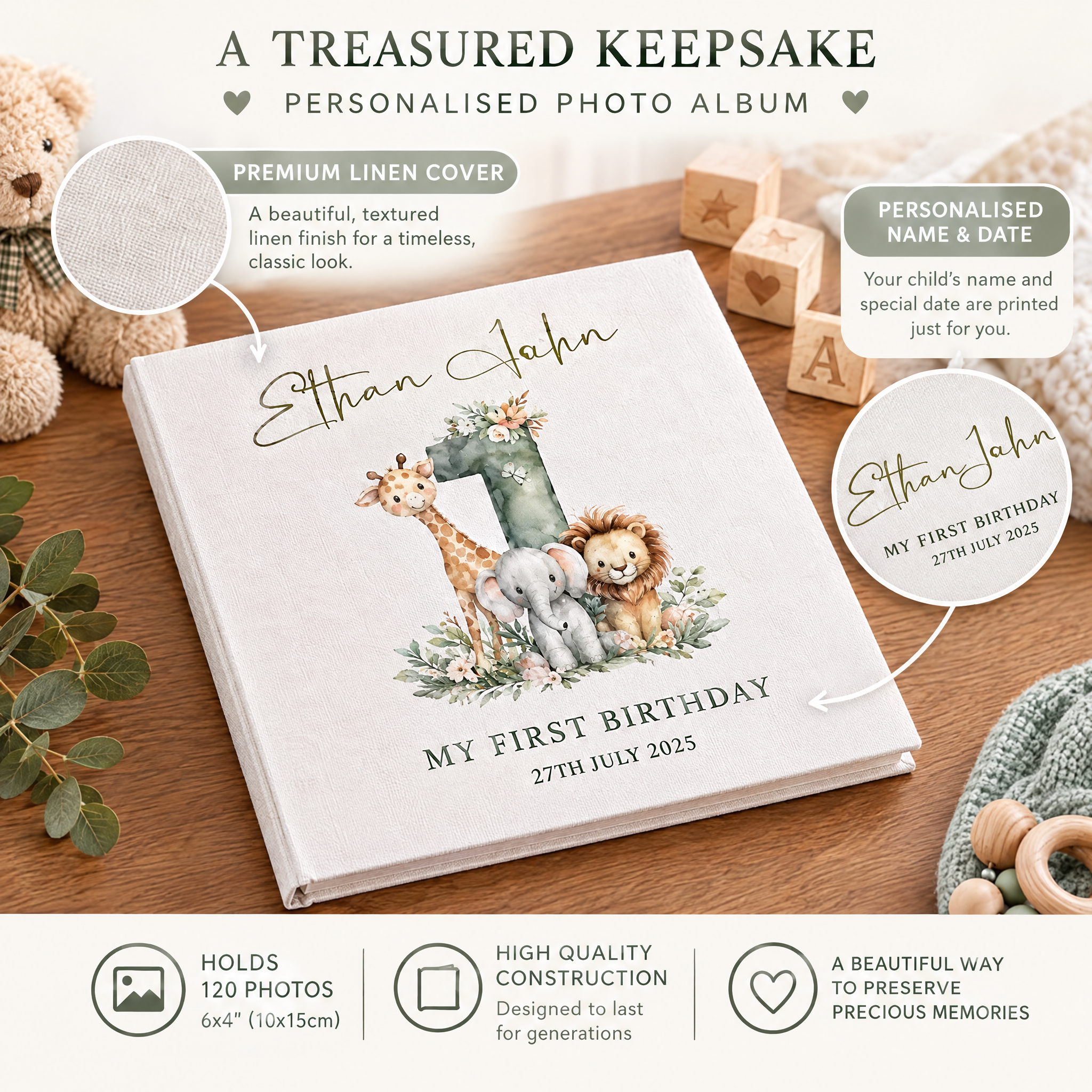 Large Personalised Book Bound My First Birthday Photo Album Safari Animals Design photo album ukgiftstoreonline