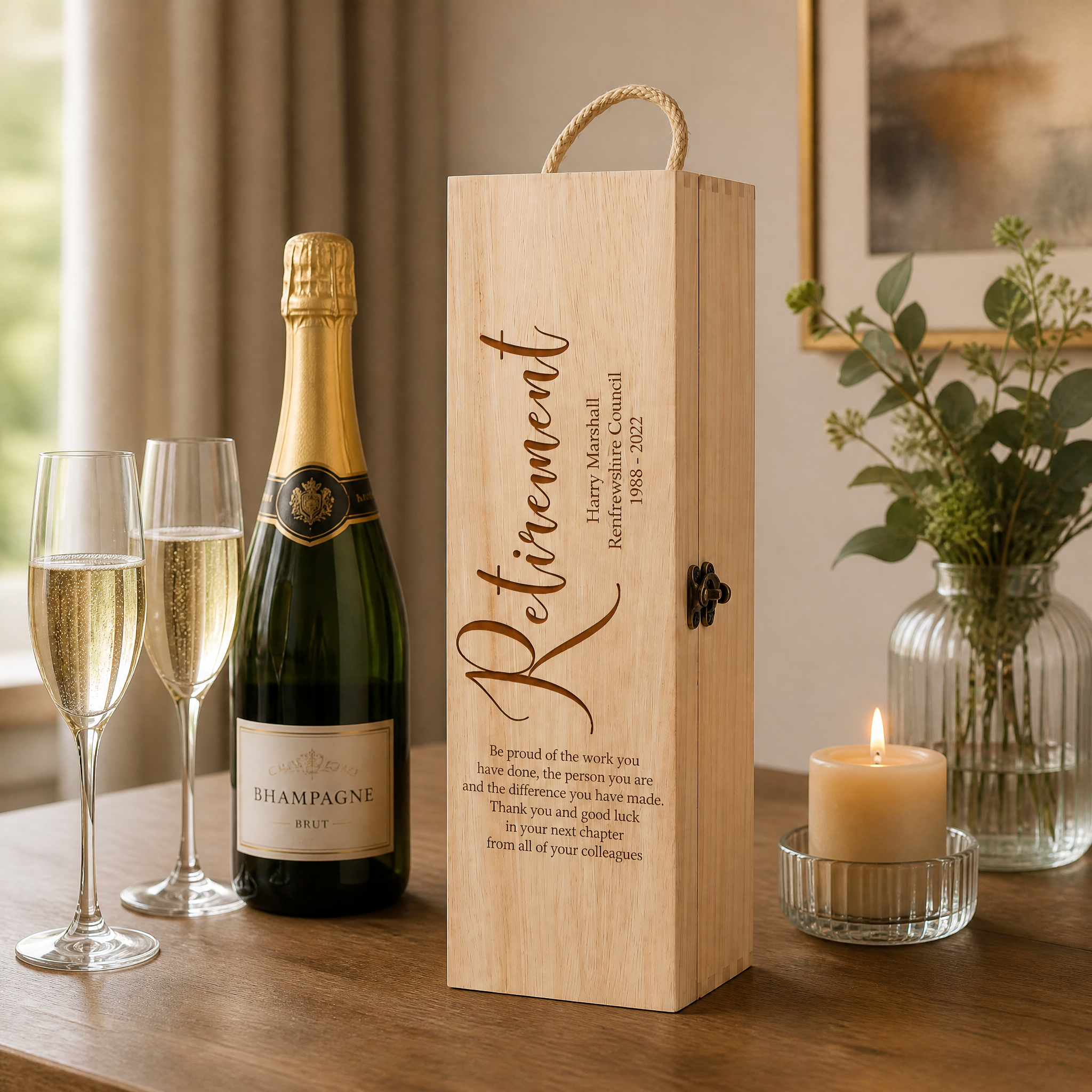 Personalised Retirement Champagne or Wine Bottle Holder Gift Personalised Wine Glasses ukgiftstoreonline