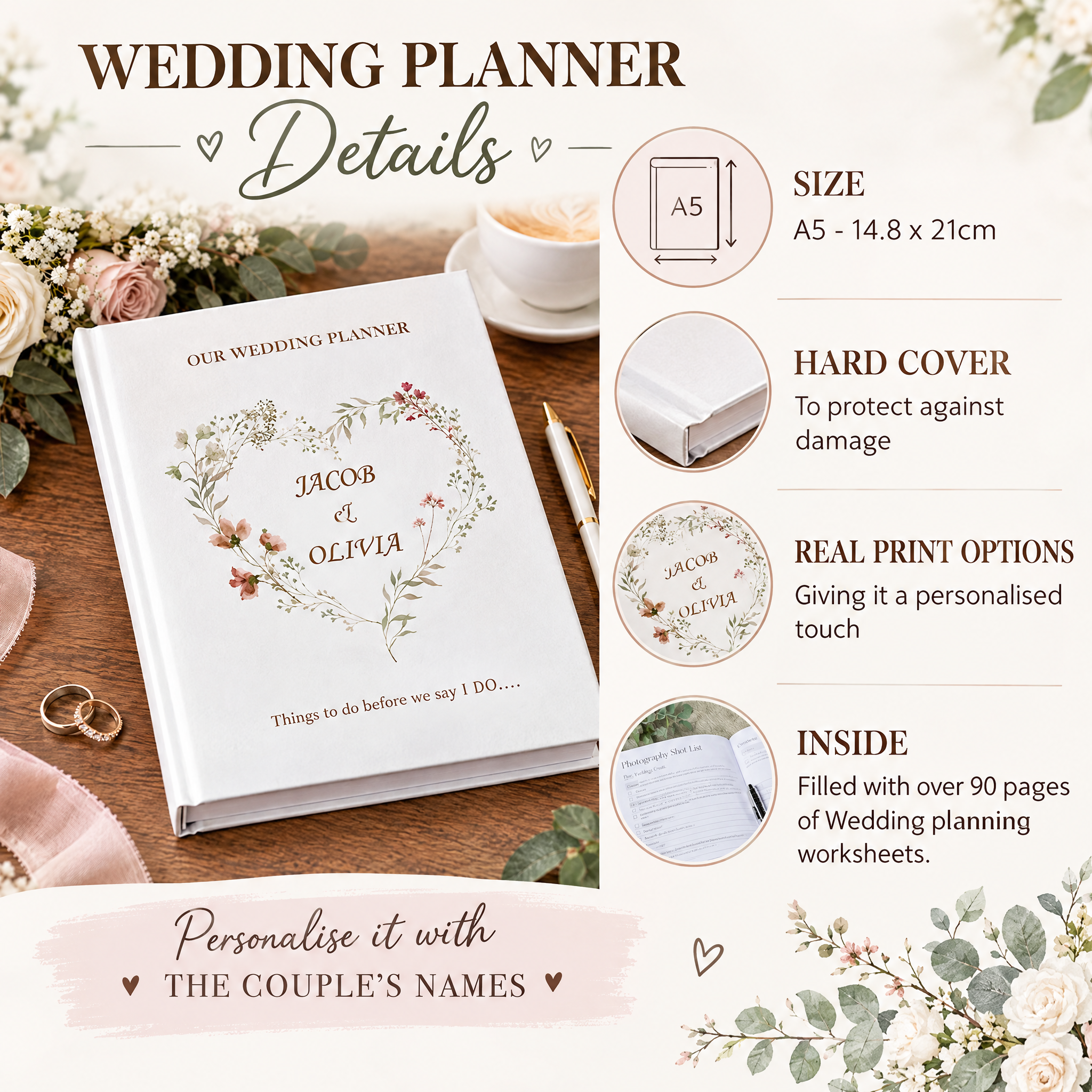 Personalised Wedding Planner Organiser Book Engagement Gift With Watercolour Heart Wedding Planner ukgiftstoreonline