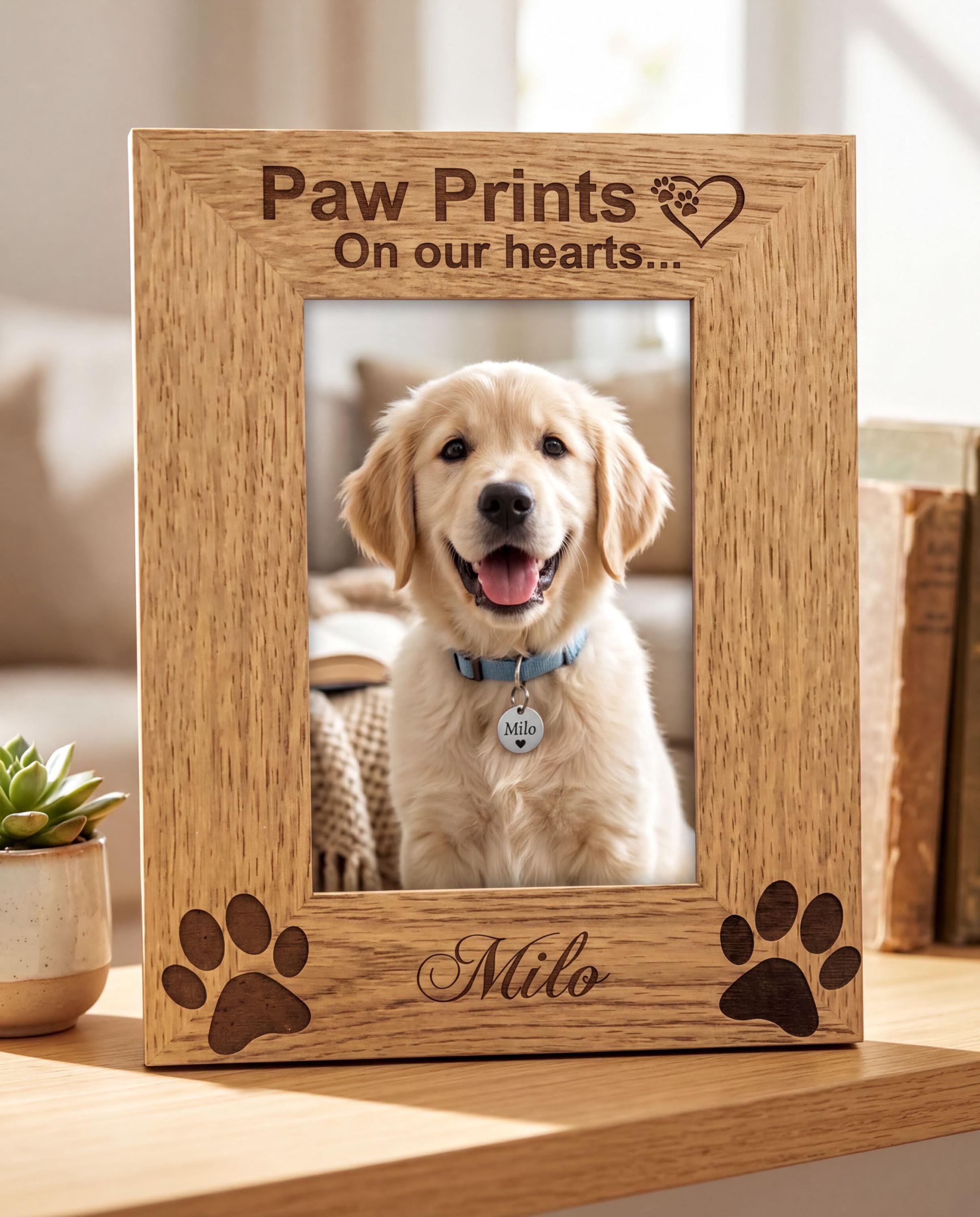 A wooden picture frame with a photo of a golden retriever dog inside, and the frame has paw prints and the name "Milo" engraved on it.