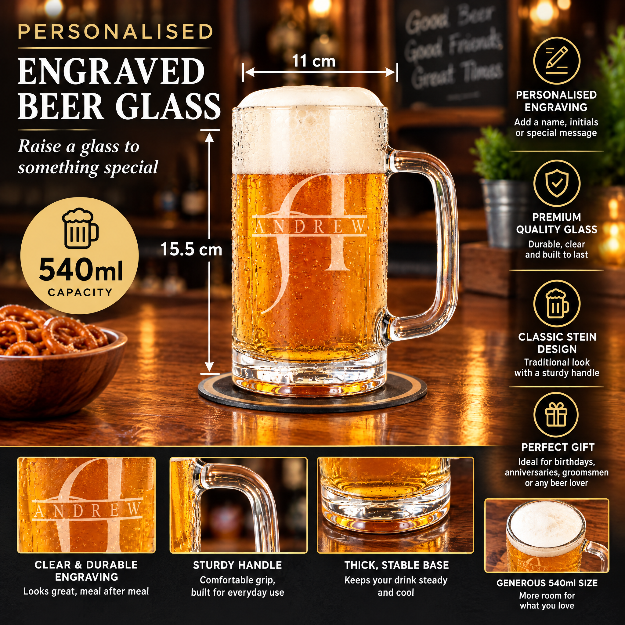 Personalised Engraved Name and Alphabet 540ml Beer Glass Mug Gift for Him Personalised Birthday Gift ukgiftstoreonline