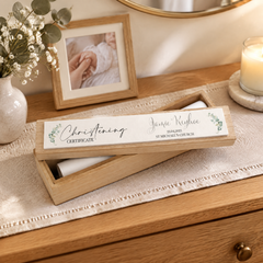 Personalised Christening Day Vintage Style Wooden Certificate Holder Birth certificate holder ukgiftstoreonline