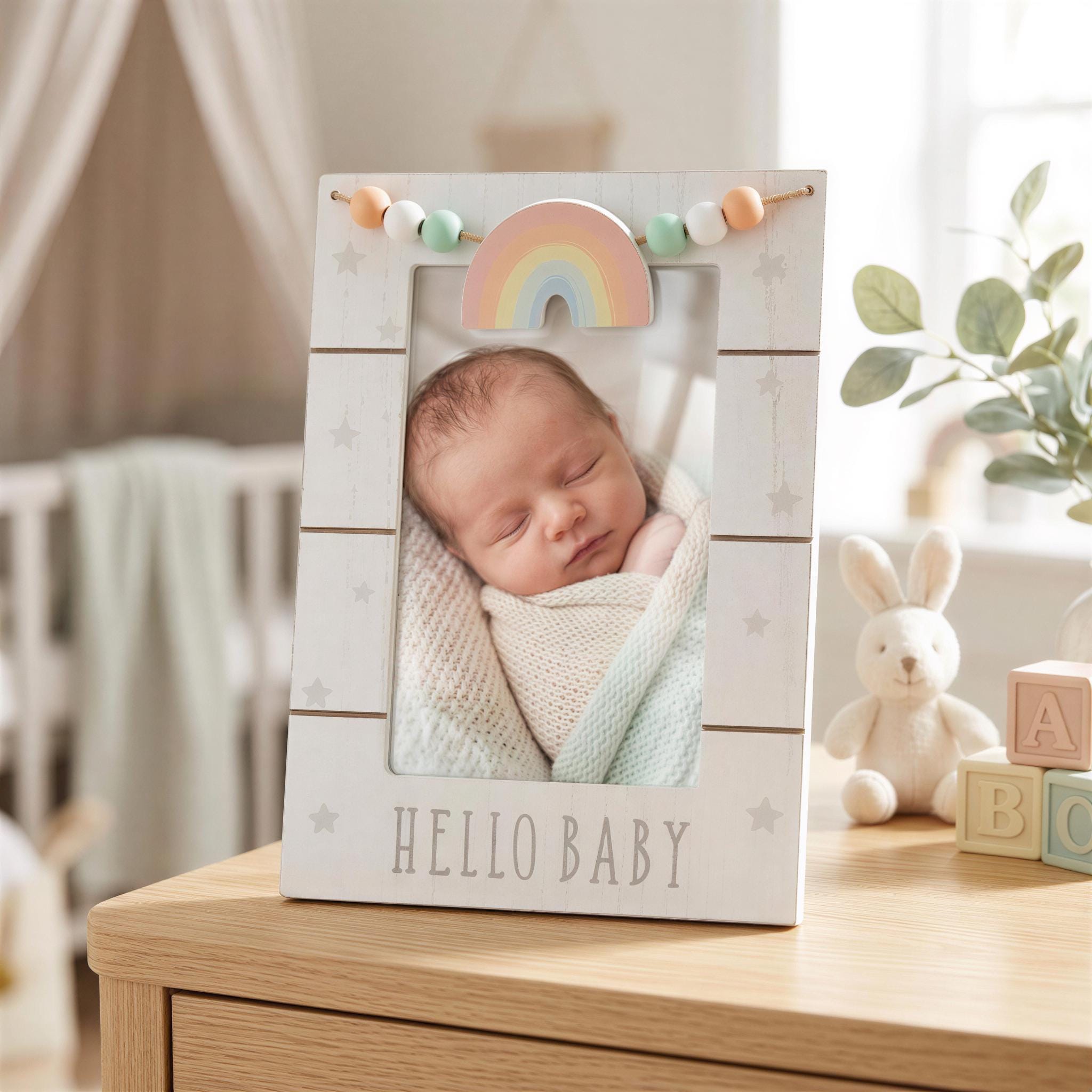 A wooden picture frame with a baby swaddled in a white blanket, sitting in a crib, and a stuffed bunny toy is displayed on a wooden dresser.