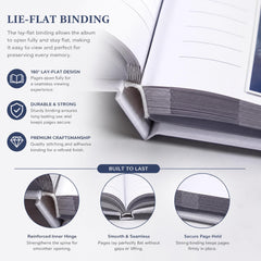 The image is a close-up of a book or binder with a lay-flat binding, showcasing its features such as the 180-lay-flat design, durable and strong binding, and premium craftsmanship.
