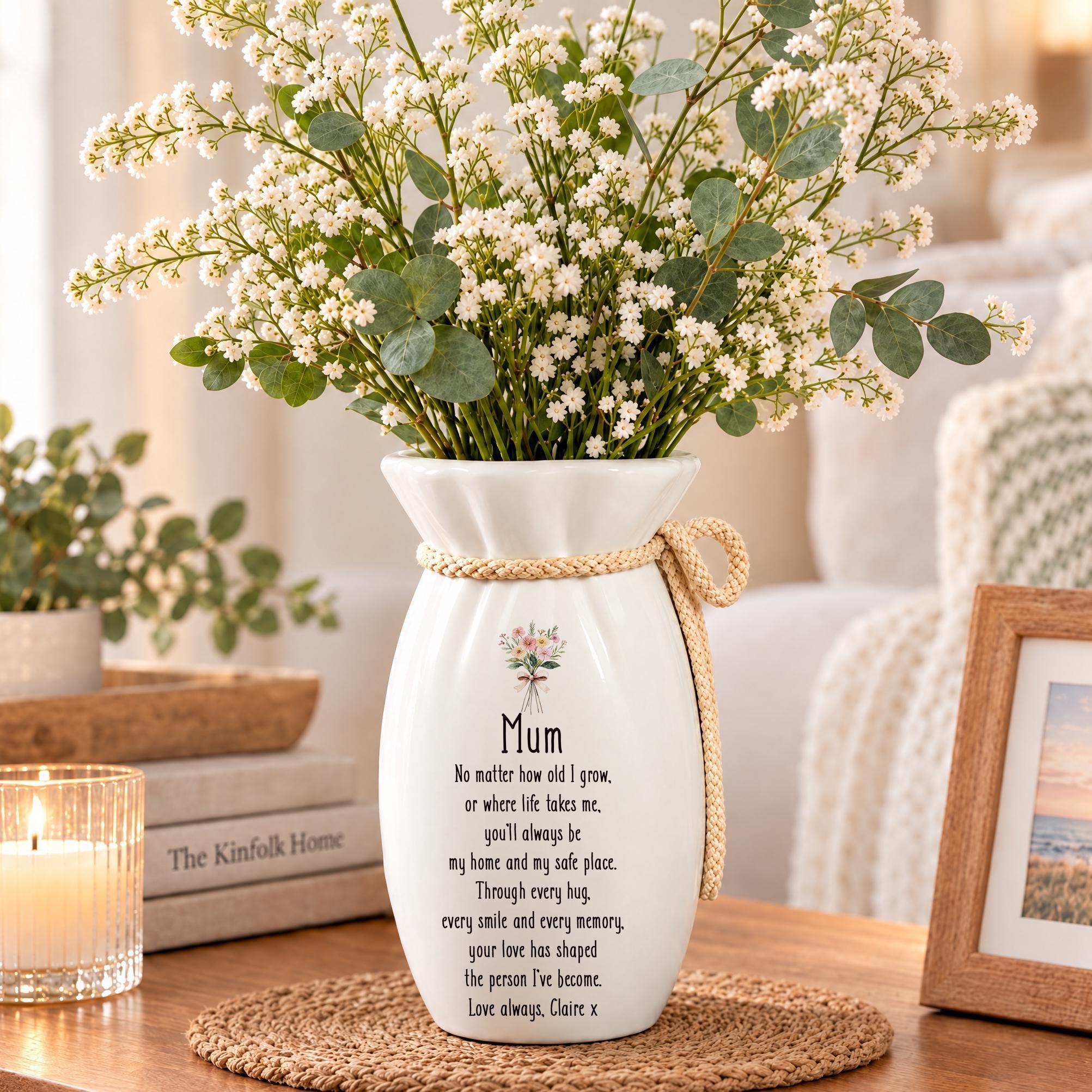 Personalised Flower Vase Gift For Mum, Custom Name, Twine Detail ukgiftstoreonline