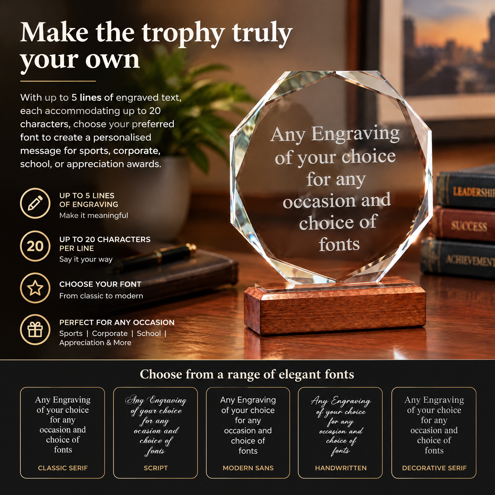 Personalised Engraved Trophy, Octagon Glass Wood Base Award Plaque Jade Glass ukgiftstoreonline