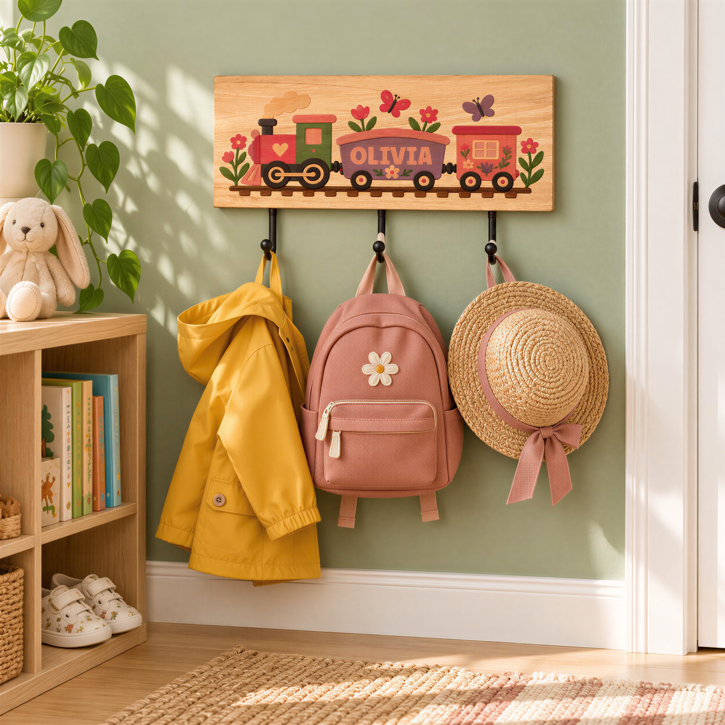A wooden coat rack with a pink backpack, a straw hat, and a yellow raincoat hanging on it, set against a green wall.
