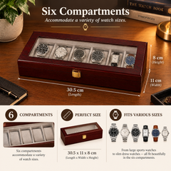 Wood Glass Watch Box, Personalised 6-Slot Red Watch Case Gift watch box ukgiftstoreonline