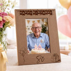80th Birthday Photo Frame Portrait Wooden Engraved Bunting Style Gift Birthday Photo Frame ukgiftstoreonline