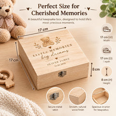 a wooden box with a teddy bear on it, along with some other wooden items. The box is described as a perfect size for cherished memories, and it is designed to hold life's most precious moments. The box is 17 cm in length, 8 cm in width, and 8 cm in height. It has a lock on the front and a handle on the side. The box is made of wood and has a smooth, natural finish. The box is described as having a spacious interior for keeping keepsakes.