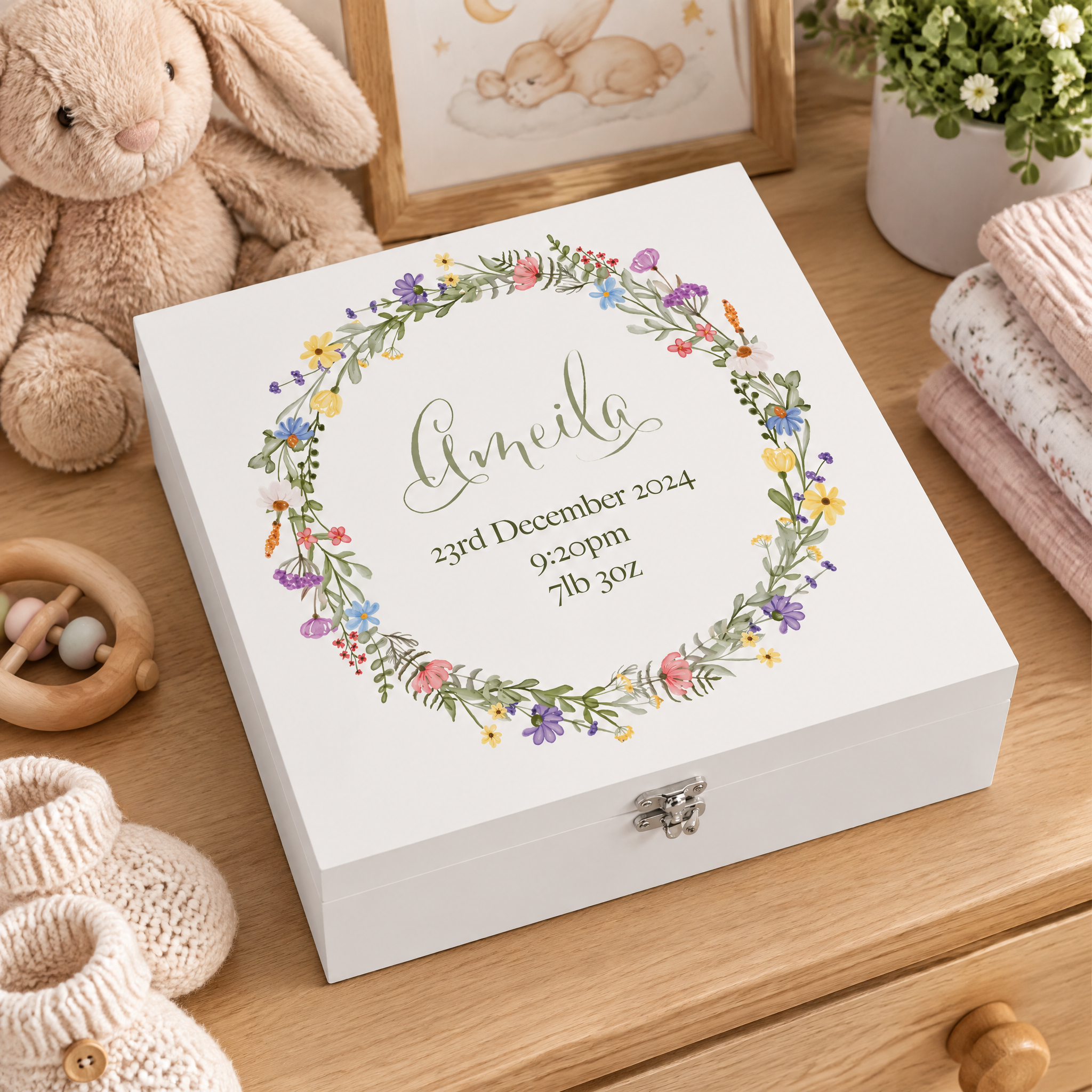 Personalised Baby Girl Memory Keepsake Box with Wildflower Wreath New Parents ukgiftstoreonline