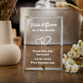 Personalised Engraved Heart Glass Plaque Wedding Bride and Groom Gift