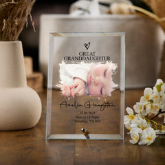 Personalised Exclusive Great Granddaughter Photo Keepsake Gift Glass Plaque With Birth Details Gift